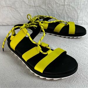 Sorel Roaming Lace Up Sandal  Womens 12 Yellow Bolt Black Leather Platform Shoe